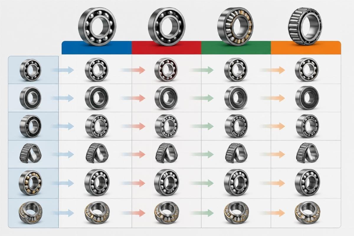 Bearing cross-reference interchange chart showing SKF to NSK FAG TIMKEN equivalents