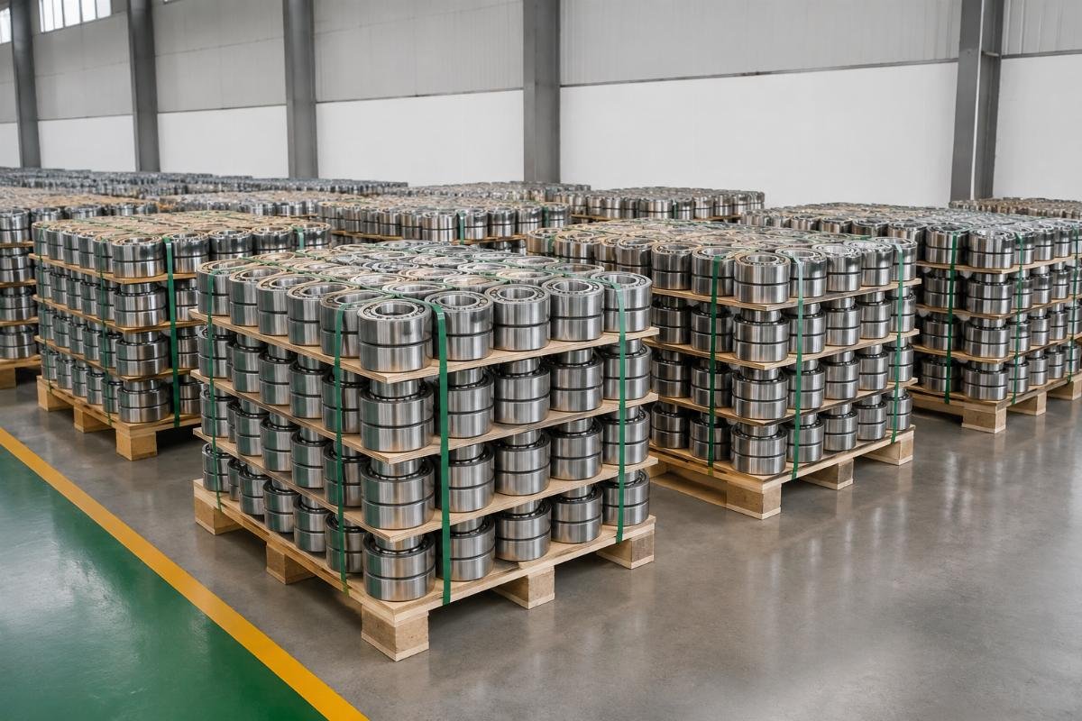 Bearings stored horizontally on pallets with proper stacking height limits