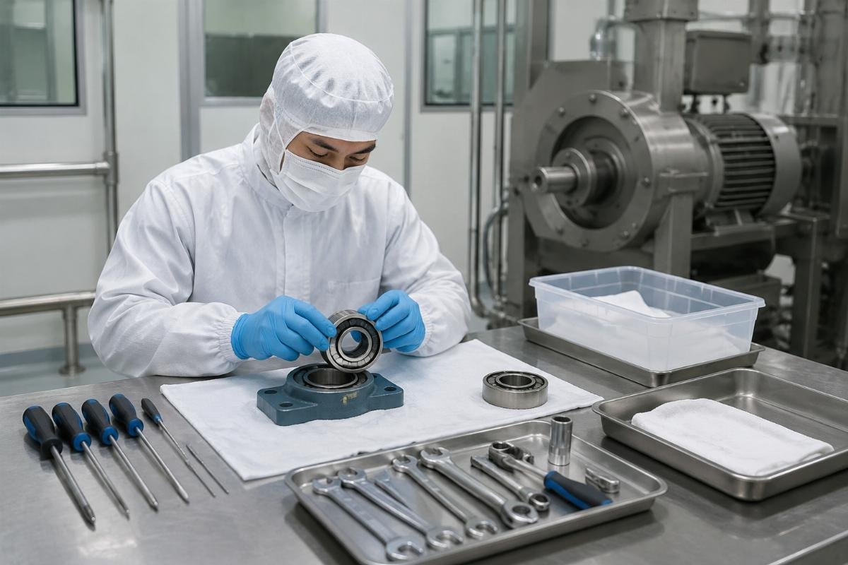 Clean installation setup with dedicated tools and contamination-free environment for food plant bearing replacement