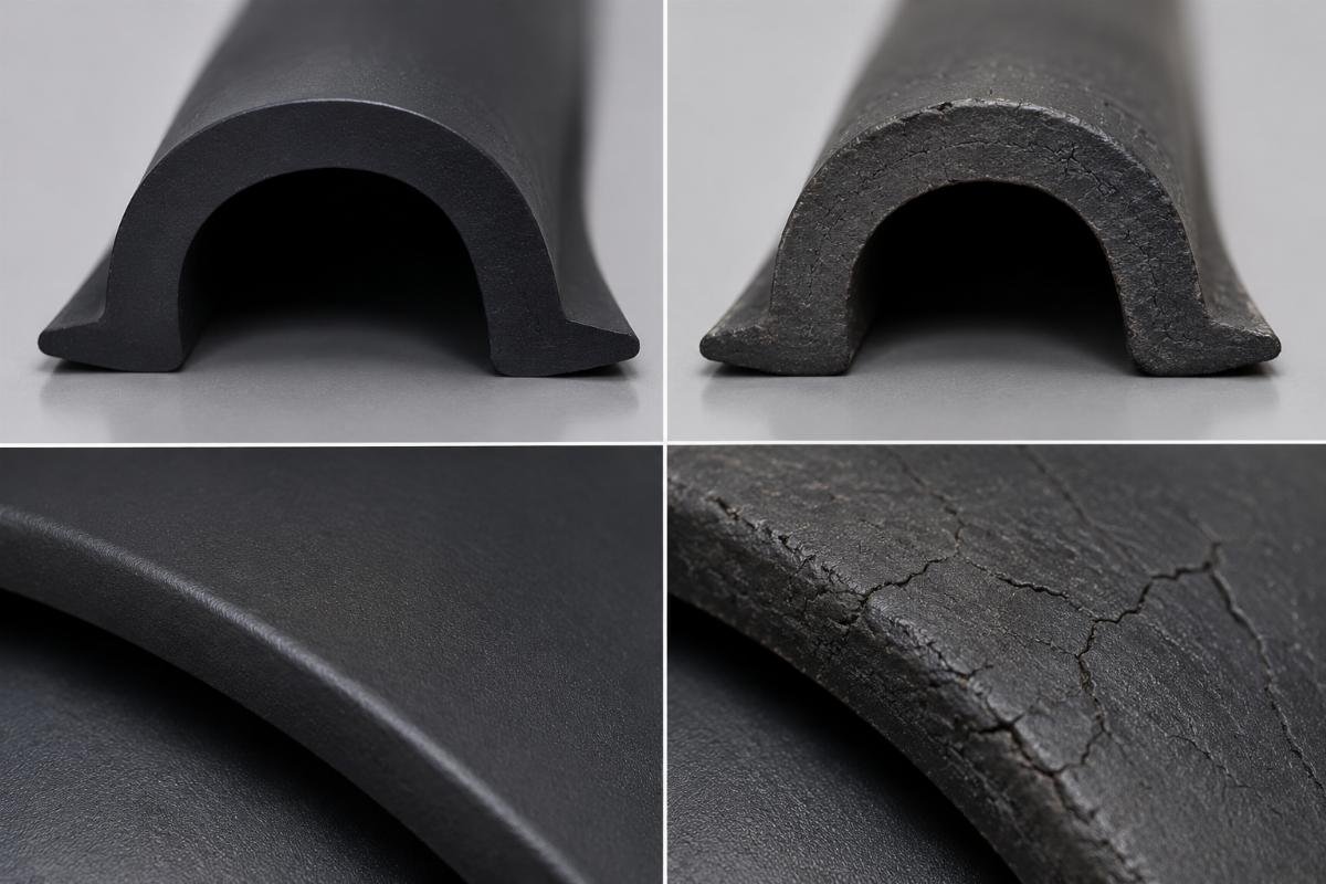 Comparison of new versus CIP-exposed seal lips showing hardening and micro-cracking