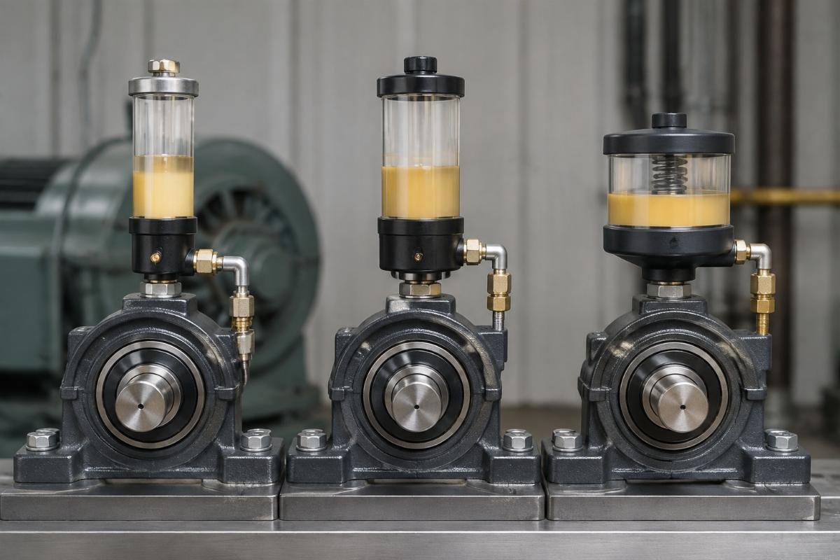 Comparison of TLSD, LAGD, and TLDD lubricators mounted on industrial bearing housings