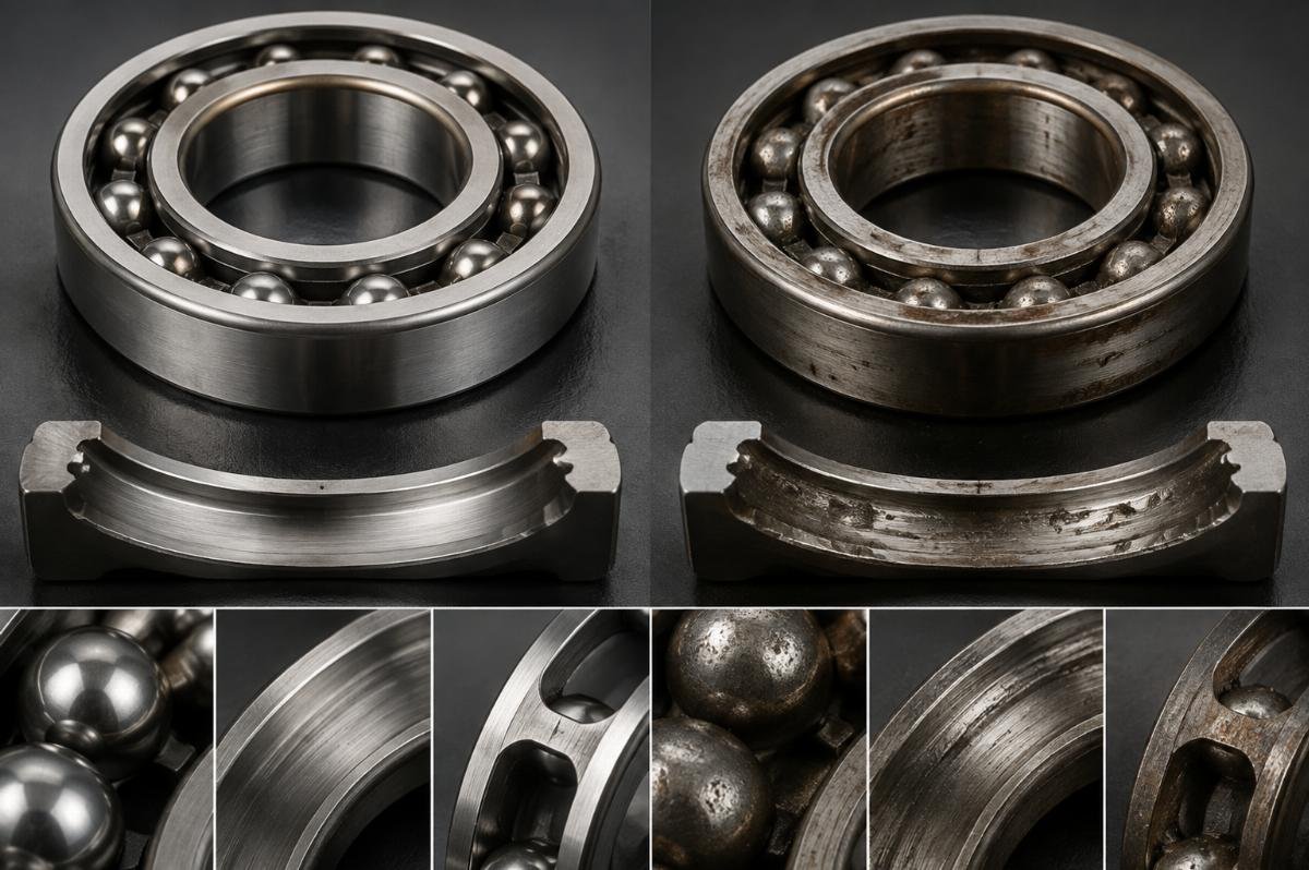 Counterfeit bearing failure comparison showing internal damage patterns