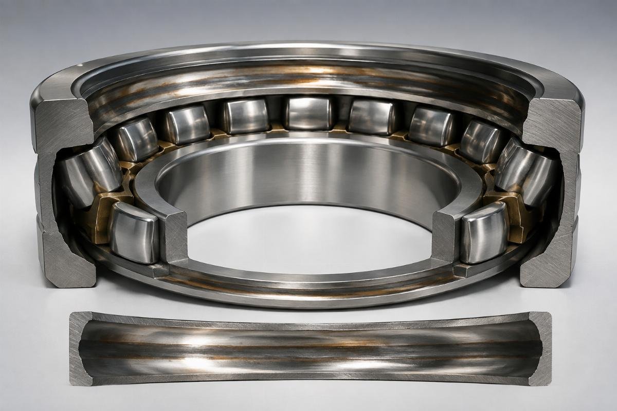Cross-section of misaligned spherical roller bearing showing asymmetric raceway contact pattern