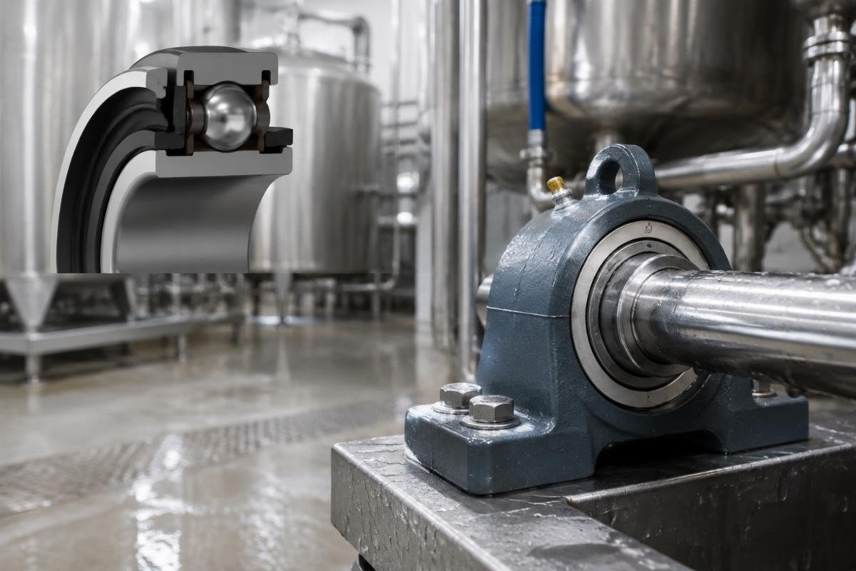 FKM seal cross-section installed on SKF bearing for food plant CIP application