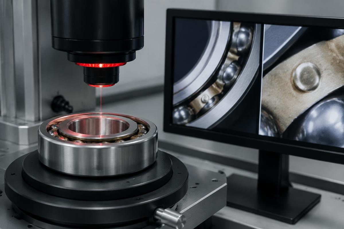 Genuine SKF bearing laser marking and cage rivet inspection under magnification