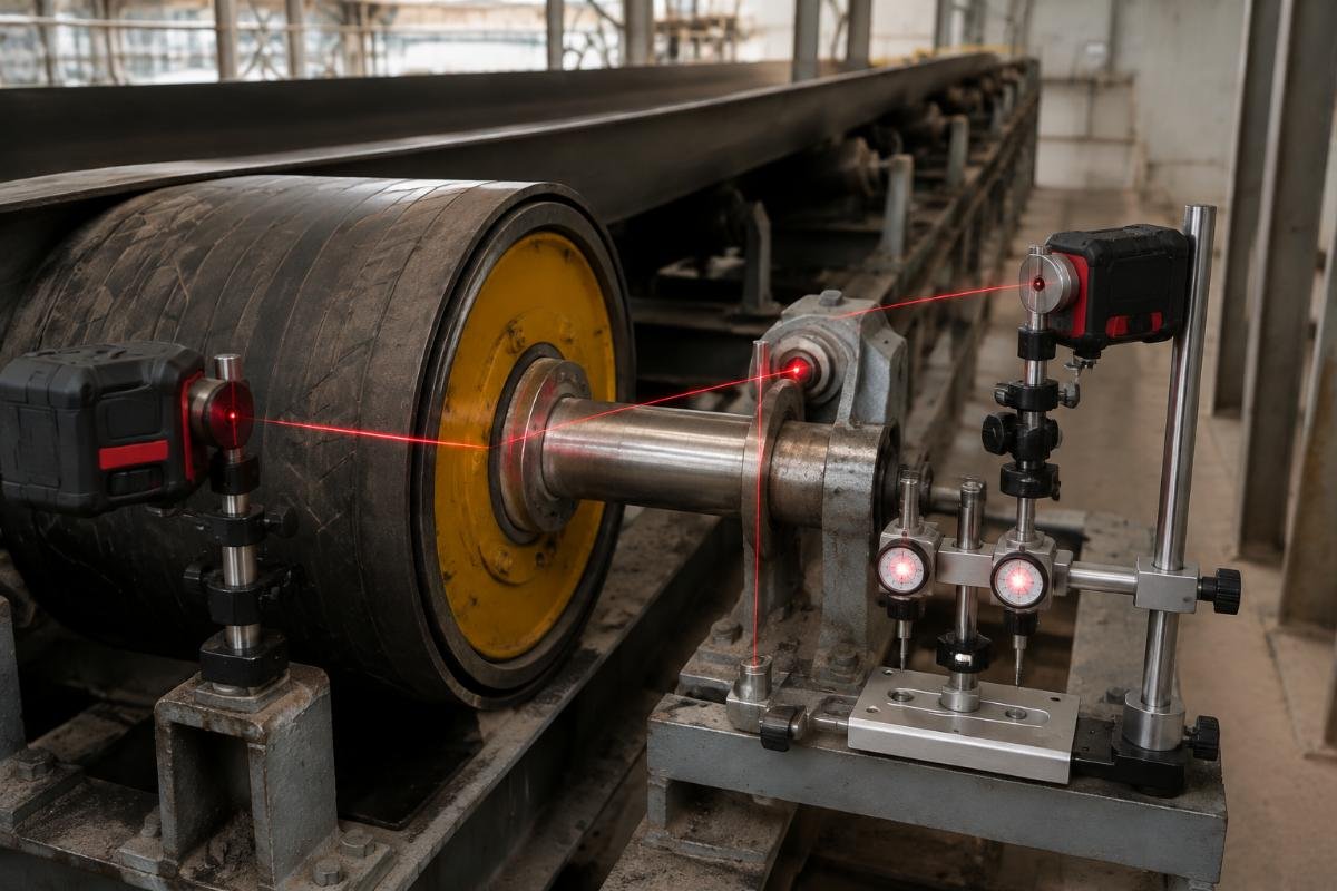 Laser alignment measurement setup on conveyor pulley showing rotational and offset readings