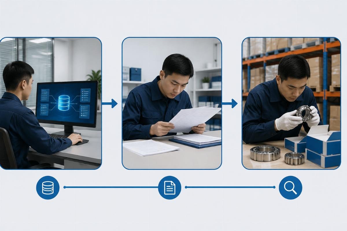 SKF distributor verification workflow showing database check, documentation review, and physical inspection steps