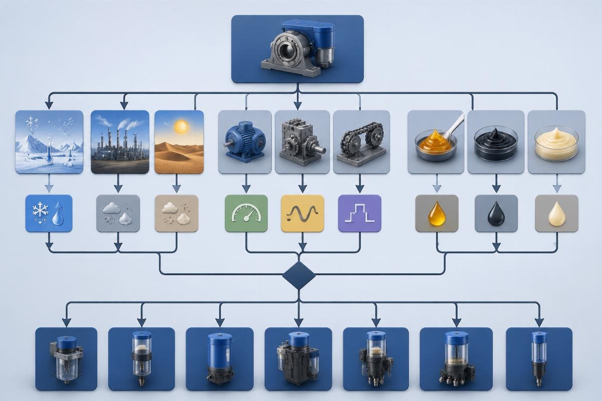 SKF SYSTEM 24 lubricator selection decision flowchart covering environment, drive type, and grease compatibility
