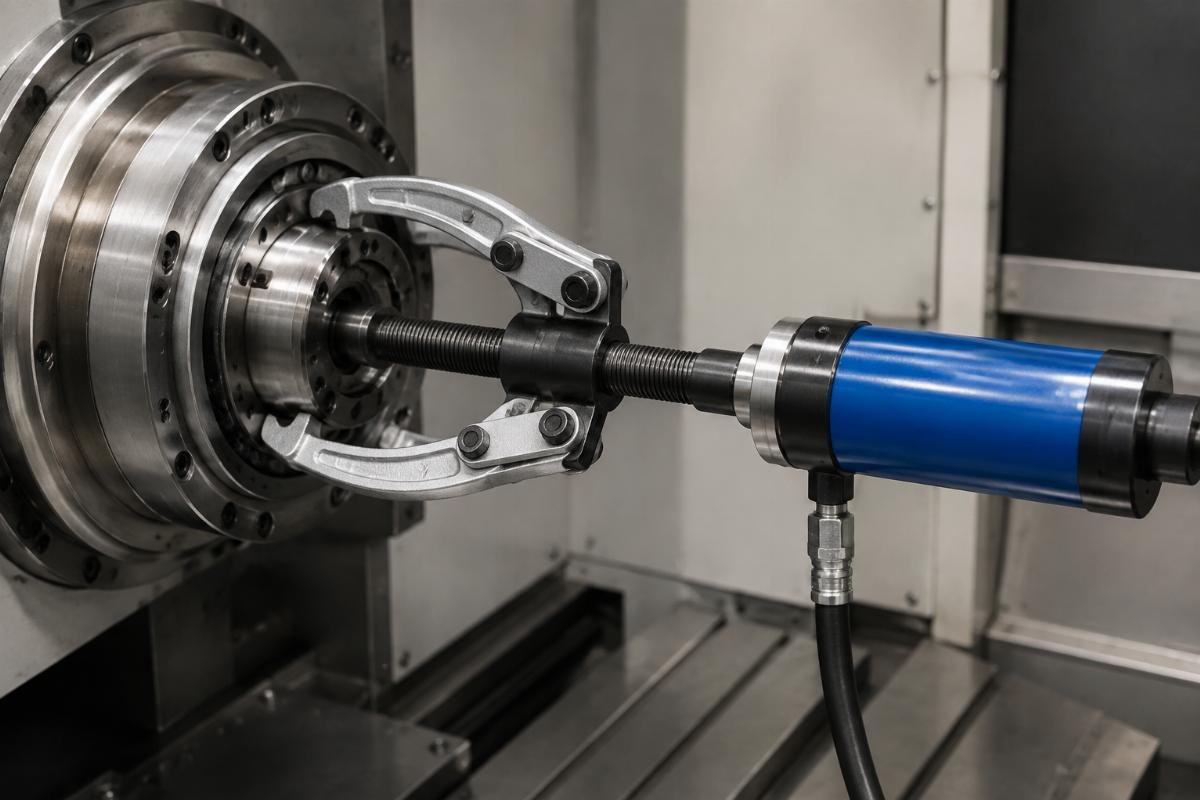 SKF TMMA hydraulic puller mounted on machine tool spindle