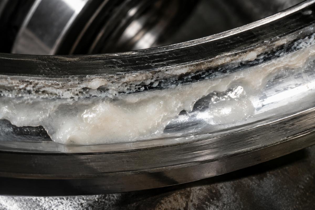 Soap-like saponification residue found in bearing raceway after CIP exposure